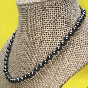 Vintage Gray Imitation Pearl Beaded Necklace, Silver Hook Clasp, 18" Length